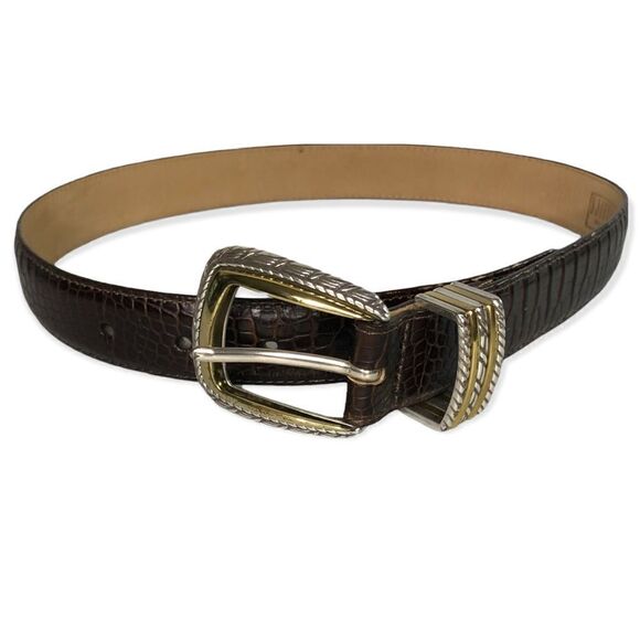 Brighton Croc Embossed Brown Leather Belt with Silver & Gold Tone Buckle Size S - Picture 1 of 7